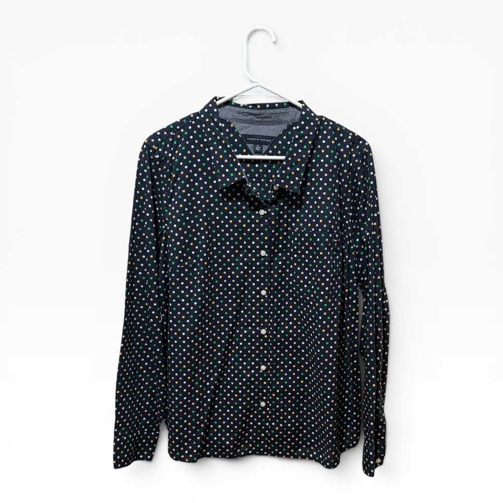Tommy Hilfiger Button Down Womens XL Navy Multi Polka Dot Excellent Long Sleeve